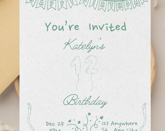Sage Green Minamalist Bow 12th Birthday Invitation