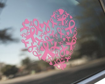 Pink Ribbon Heart Car Decal | Awareness Ribbon | Cancer Warrior | Breast Cancer Survivor | Window Decal | Bumper Sticker | Window Sticker