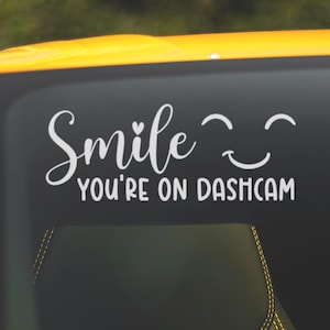 Smile! You&#39;re On Dash Cam Window Decal | Script Font Car Decal | Bumper Sticker | Funny Sticker | Car Camera | Say Cheese | Protection