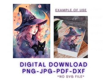 Witch and Cat PNG, JPG digital file/Halloween png/digital download/witchling with familiar/sublimation file/whimsical PNG