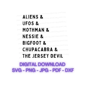 Aliens & cryptiden SVG, PNG, JPG digitaal bestand | Bigfoot, Lochness, Nessie, Cthulhu, Aliens | Digitale download | Cricut gesneden bestand