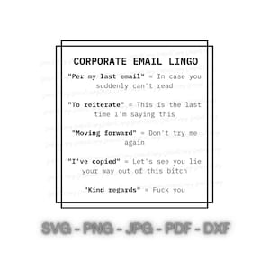 May include: A black and white graphic with the text "CORPORATE EMAIL LINGO" inside a black square. The text explains the hidden meanings of common phrases used in corporate emails, such as "Per my last email" and "Kind regards."