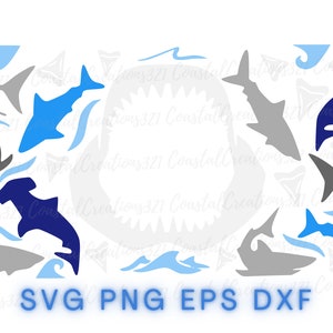 May include: A digital design featuring a variety of blue and gray shark silhouettes, including hammerhead sharks, with waves and shark teeth in the background. The text "SVG PNG EPS DXF" is at the bottom of the design.