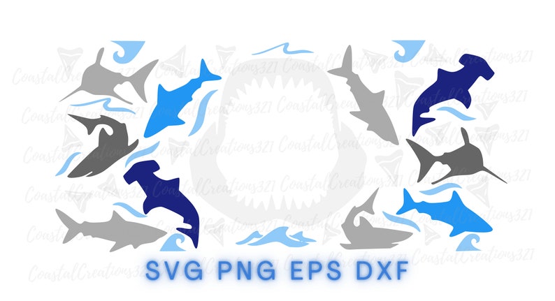 May include: A digital design featuring a variety of blue and gray shark silhouettes, including hammerhead sharks, with waves and shark teeth in the background. The text "SVG PNG EPS DXF" is at the bottom of the design.