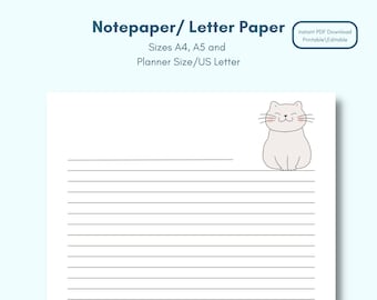 Happy Kitty on a lined letter template | Printable Digital Writing Paper | Animals Cats | notepaper notetaking