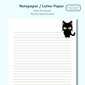 Black Cat sitting on a lined letter template | Printable Digital Writing Paper | Animals Cats | notepaper notetaking