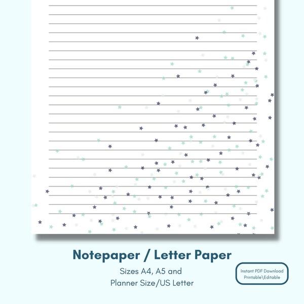 Blue Stars Lined Letter Template | Printable Digital Download Stationery | Starry Writing Paper | Lecture Notes | A5 Planner Inserts
