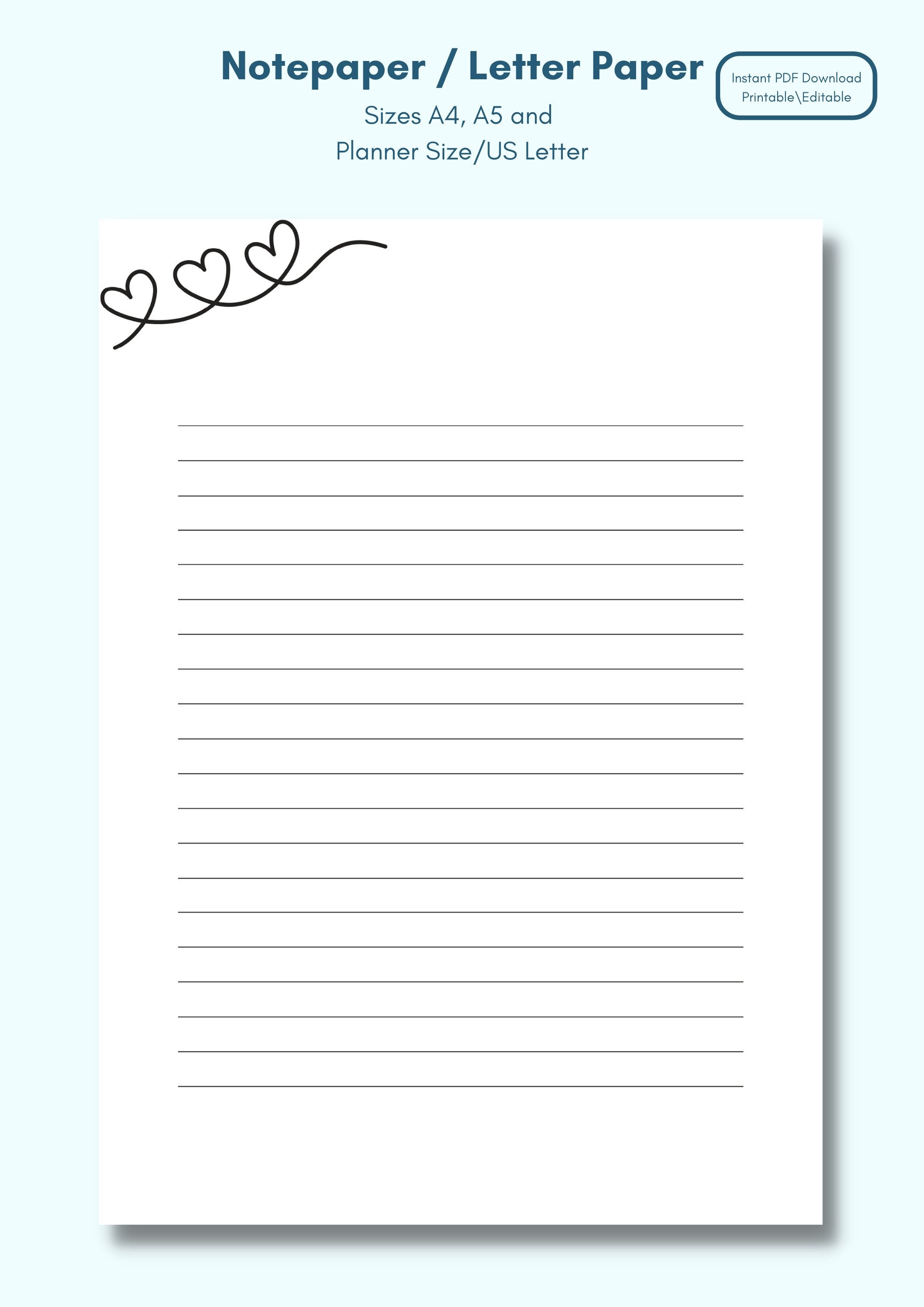 Digital Note Paper Letter Writing Template Downloadable Stationery  Stationary Love Hearts Lecture Notes Notetaking 