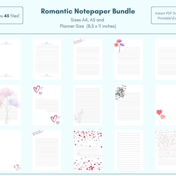 15 Romantic Notepaper Letter Bundle in 3 sizes | Printable Digital Stationery | Love Note | Writing Paper | Planner |