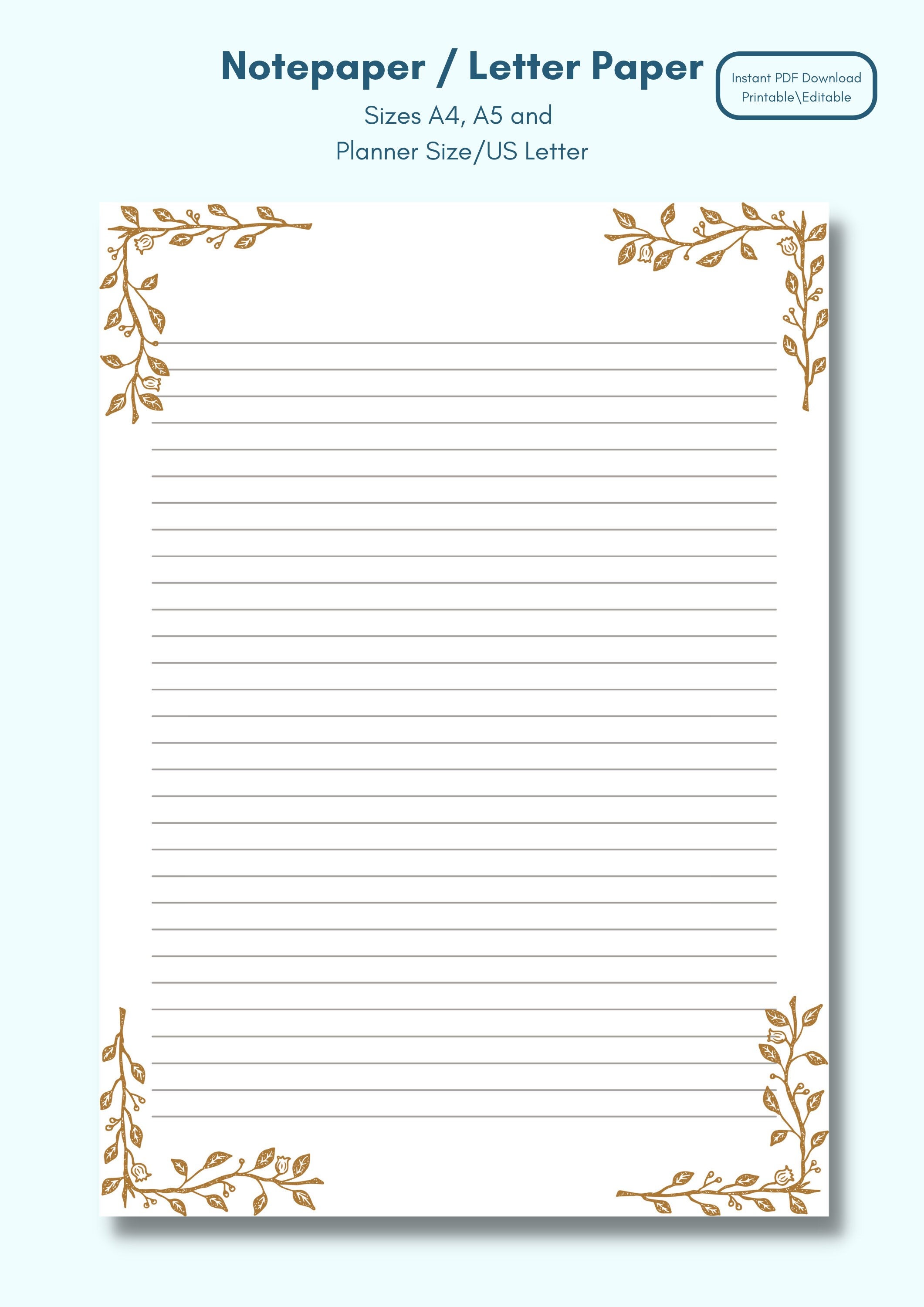 Lined Letter Template With Golden Leaves Printable Stationery Fall ...