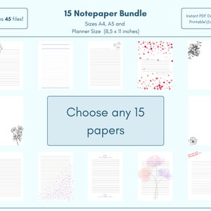 Choose your own 15 Notepaper Letter Bundle in 3 sizes | Printable Digital Stationery | Botanical Writing Paper | Floral Print | Heart