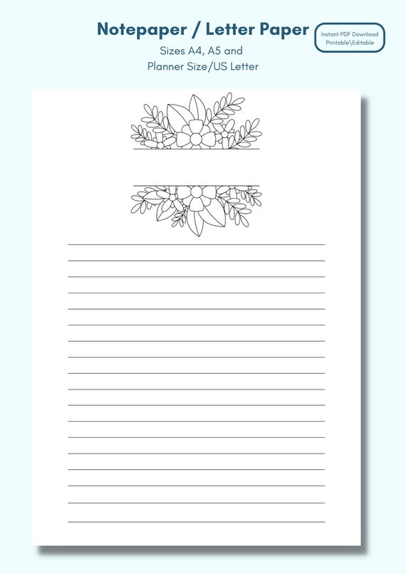 Printable Lined Stationery, Editable Stationery, Botanical Note Pages,  Blank Note Sheet Templates, Journaling Paper, Printable Stationery 