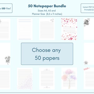 Choose your own 50 Notepaper Letters in 3 sizes | Printable Digital Stationery | Botanical Writing Paper | Floral Print | Heart