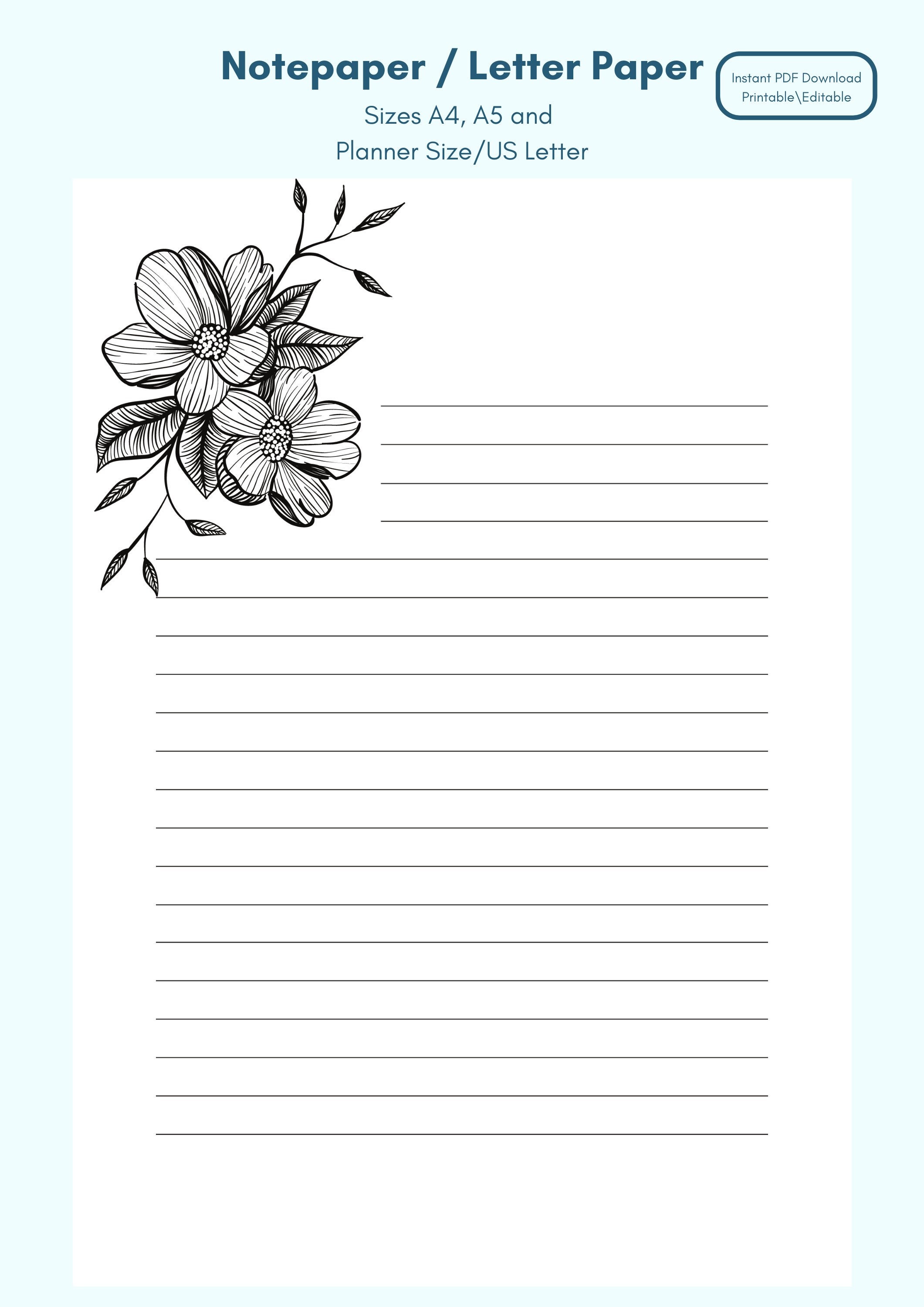 Pencil Sketched Flowers Lined Letter Template Printable Etsy