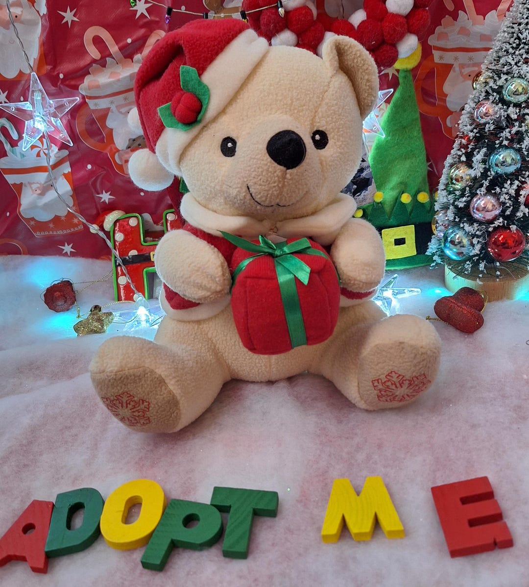White Christmas Teddy Bear With Christmas Santa Hat Holding Gift for ...