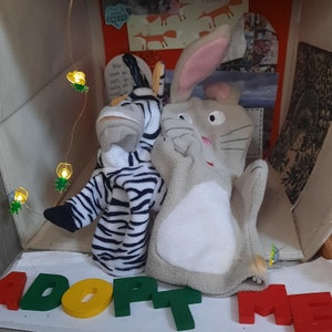 Hand puppets for adoption (bunny and Marty Zebra Madagascar) for adoption