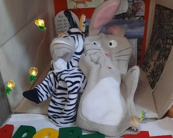 Hand puppets for adoption (bunny and Marty Zebra Madagascar) for adoption