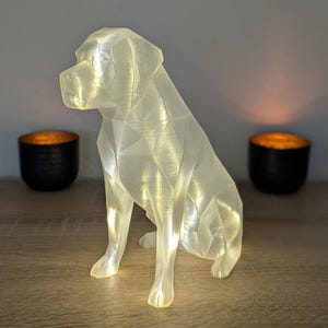 Può includere: Una scultura di cane geometrica e illuminata. La figura chiara e sfaccettata è illuminata dall'interno, creando una luce soffusa. Il cane è seduto su una superficie di legno, con due portacandele neri sullo sfondo.