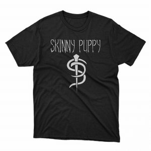 May include: Black t-shirt with a white graphic of a snake wrapped around a dagger and the text "SKINNY PUPPY" above it.