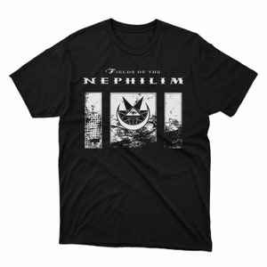 May include: Black t-shirt with a white graphic print of the text "Fields of the Nephilim" and a stylized symbol with a crescent moon, star, and eye.