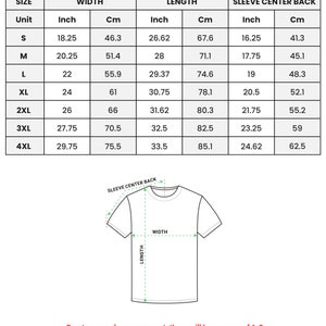 Puede incluir: Tabla de tallas para una camiseta con medidas en pulgadas y cent&iacute;metros. La tabla muestra las medidas de talla, ancho, largo y centro de la espalda de la manga para las tallas S a 4XL.