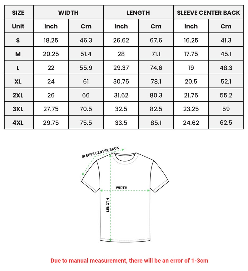 May include: Size chart for a t-shirt with measurements in inches and centimeters. The chart shows the size, width, length, and sleeve center back measurements for sizes S through 4XL.