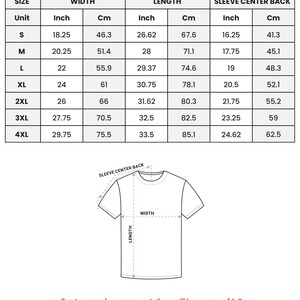 Puede incluir: Tabla de tallas para una camiseta con medidas en pulgadas y cent&iacute;metros. La tabla muestra la talla, el ancho, la longitud y las medidas del centro de la espalda de la manga para las tallas S a 4XL.