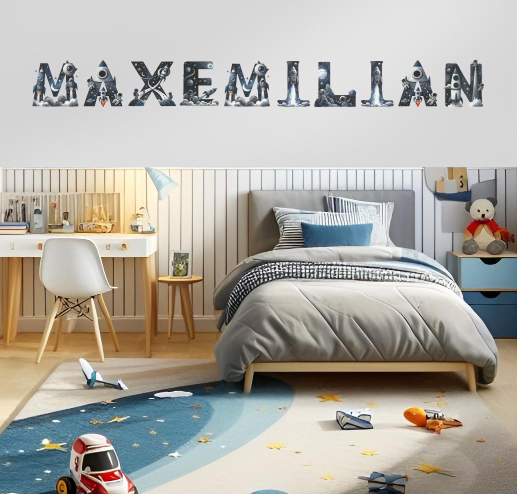 Personalisiertes Wandtattoo Fürs Kinderzimmer – Rakete & Sterne Mit Namen, Ozeanblau, 80x40 Cm