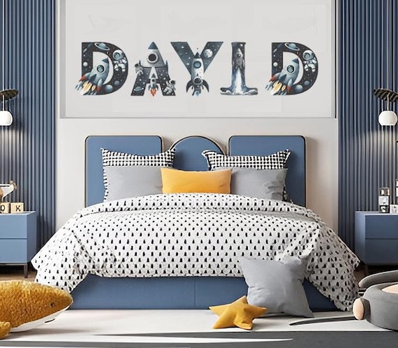 Personalisiertes Wandtattoo Fürs Kinderzimmer – Rakete & Sterne Mit Namen, Ozeanblau, 80x40 Cm