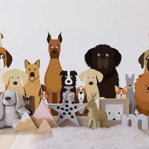 Adesivos de vinil removíveis e adesivos para parede de cachorro, arte de parede para cachorro, adesivo de parede para filhotes, papel de parede para cachorros para crianças e sala de estar