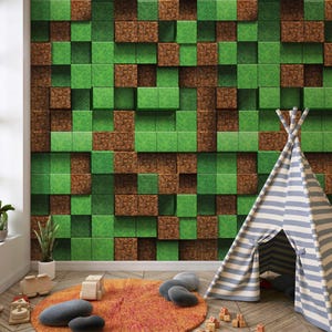 Carta da parati Minecraft con blocchi d'erba, adesivo da parete con blocchi di pixel, decalcomania da parete con blocchi di Minecraft per la decorazione della cameretta dei bambini, decorazione della cameretta dei bambini