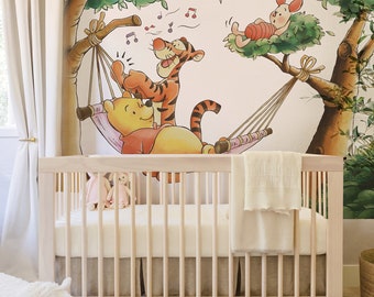 Removable Winnie the Pooh , Tiger hammock Swing Tied to Trees With Piglet - Baby Wall Decal Sticker