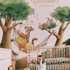 Removable Winnie the Pooh hammock swing tied to trees with tiger and piglet wall decal sticker art for kid and baby room