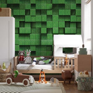 May include: A green and brown children's bedroom with a green 3D wall mural, a wooden crib with a white canopy, a brown wooden dresser, and a brown and white rug. There are stuffed animals, a toy car, and a toy rocket on the floor.