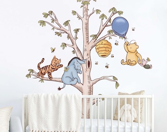 Calcomanía clásica de Winnie the Pooh para guardería, tigre y lechón en la pared del árbol, adhesivo artístico de pared de Disney, decoración de pared para decoración de habitación de niños