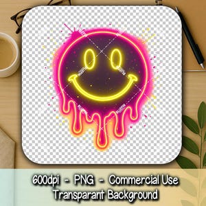 Neon Dripping Smiley Face Clipart PNG, Melting Smiley, Neon Street Art Graphic, Drip Sublimation Design, High-Res Transparent