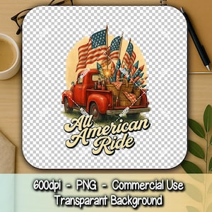 All American Ride Realistic Vintage Truck 4th of July Clipart | Patriotic Fireworks PNG for T-shirts