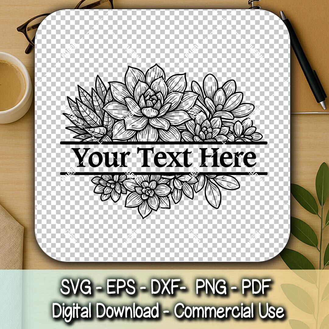 One Color Svg Images Succulent Split Monogram SVG, Detailed Black Line Art Succulent Frame 1 ...