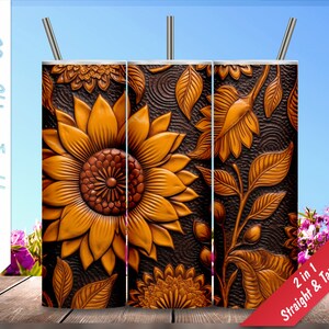 Tooled Leather Sunflower Pattern! 20oz Skinny Tumbler, Personalized tumbler, Sublimation Design for tumblers, Tumbler Wrap, Instant Download