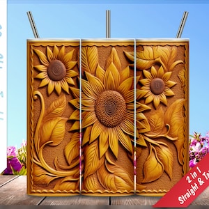 Tooled Leather Sunflower Pattern! 20oz Skinny Tumbler, Personalized tumbler, Sublimation Design for tumblers, Tumbler Wrap, Instant Download