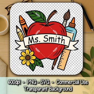 Apple with School Supplies SVG | Teacher Name Banner | Crayon Pencil Ruler Glue | Classroom Sign Digital File, Full Color and Black & White