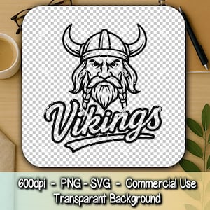 Viking Mascot SVG with Bold &quot;Vikings&quot; Script – Blackwork Line Art, Cut File for Shirts & Decals