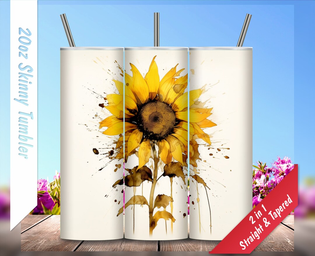 Sumie Sunflower Art 20oz Skinny Tumbler, Personalized Tumblers