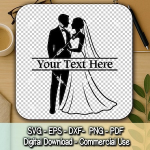 Bride and Groom Silhouette Split Monogram SVG, Wedding Couple Blackwork PNG, Elegant Wedding Split Name Sign, Custom Cricut Cut File