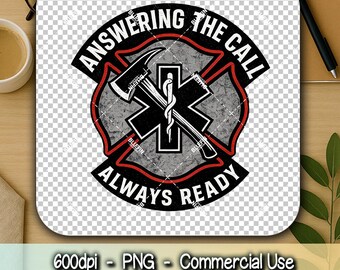 First Responder Badge PNG, “Answering The Call” Maltese Cross, Firefighter EMS Shield Clipart, Red Line Monochrome T-Shirt Graphic