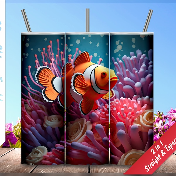 3D Clownfish & Sea Anemone!  20oz Skinny Tumbler, Personalized tumblers, Sublimation Design for tumblers, Tumbler Wrap, Instant Download