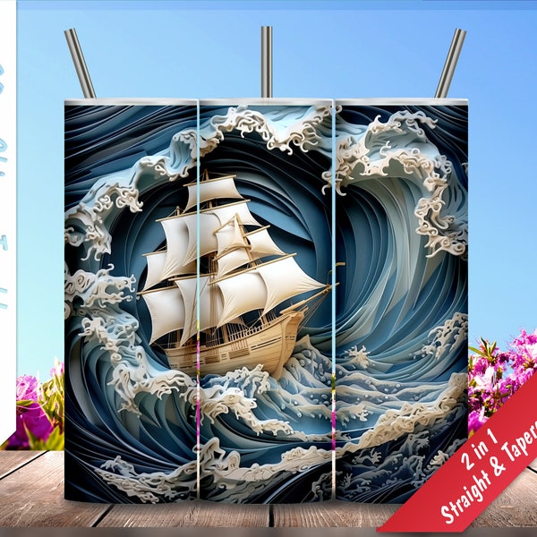 3D Sail Boat in Big Wave!  20oz Skinny Tumbler, Personalized tumblers, Sublimation Design for tumblers, Tumbler Wrap, Instant Download