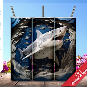 3D White Shark!  20oz Skinny Tumbler, Personalized tumblers, Sublimation Design for tumblers, Tumbler Wrap, Instant Download, Shark Week