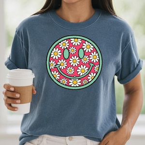 Pink Daisy Smiley, Retro Mint Green Outline PNG, Floral Smiley Face Clipart, Sublimation PNG for Tees & Gifts, Summer Time