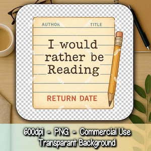 Vintage bibliotheekkaart-clipart – 'I would prefer be reading' Retro bibliotheekstempel, potlood, graphic boekenliefhebber
